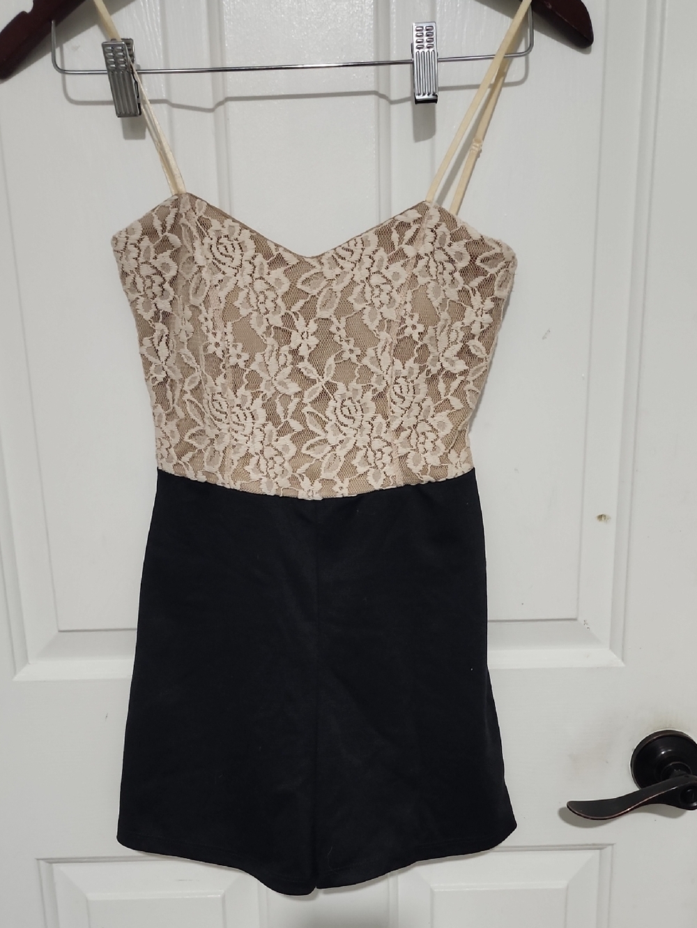 Beige Lace Bodice Black Skirt Spaghetti Strap Romper